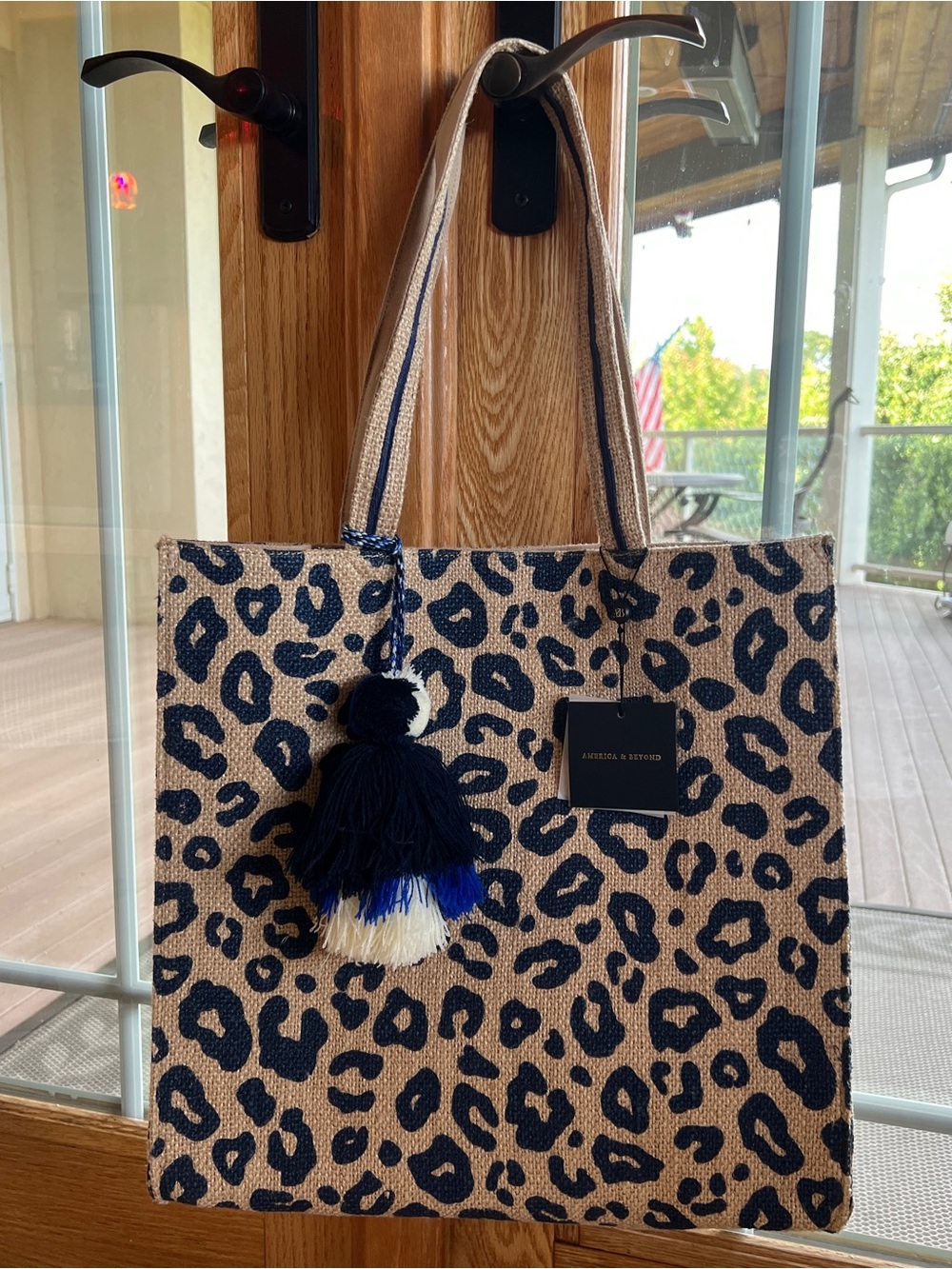 America & Beyond Leopard & Navy Jute Tote Bag